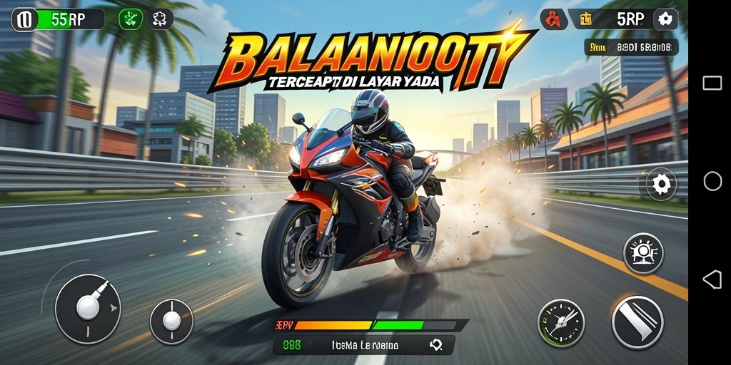 Screenshot gameplay dari 55RP yang menunjukkan aksi balapan motor yang seru.