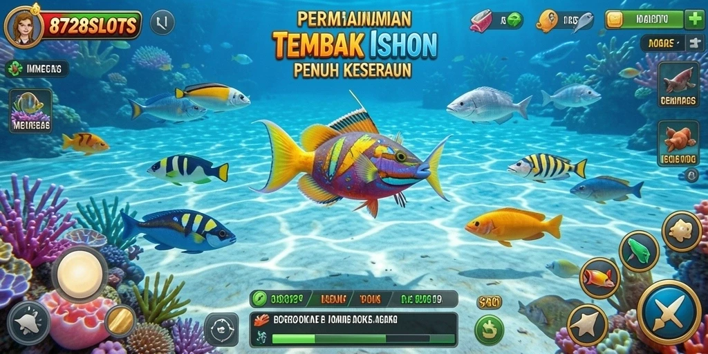 Screenshot gameplay 8728SLOTS menampilkan aksi menembak ikan yang seru.
