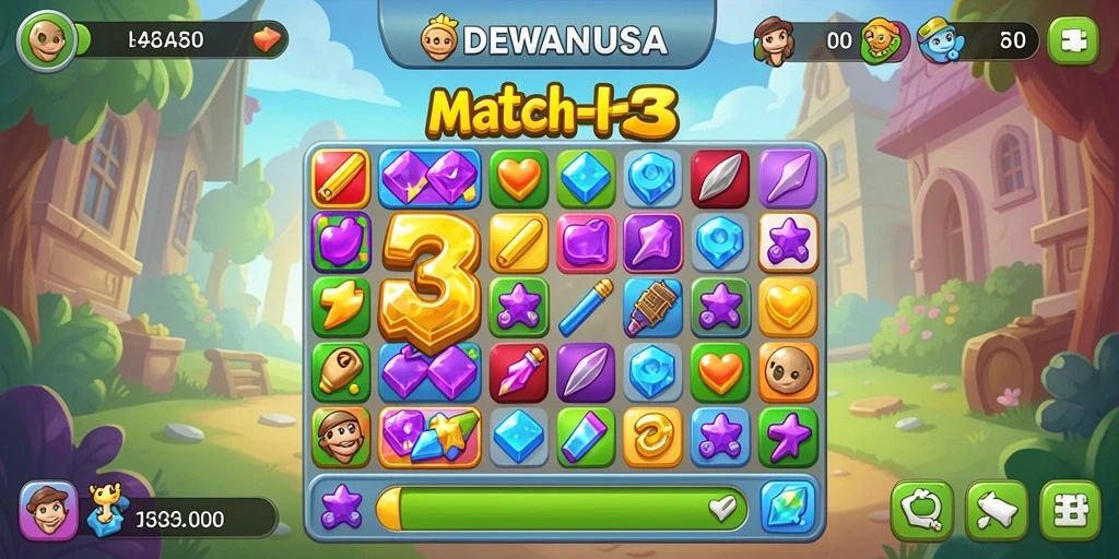 Tampilan gameplay Match-3 yang menantang dan menarik di DEWANUSA.