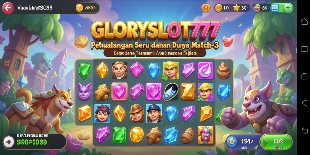 Screenshot utama GLORYSLOT777 menampilkan gameplay seru dalam mengatasi tantangan Match-3.