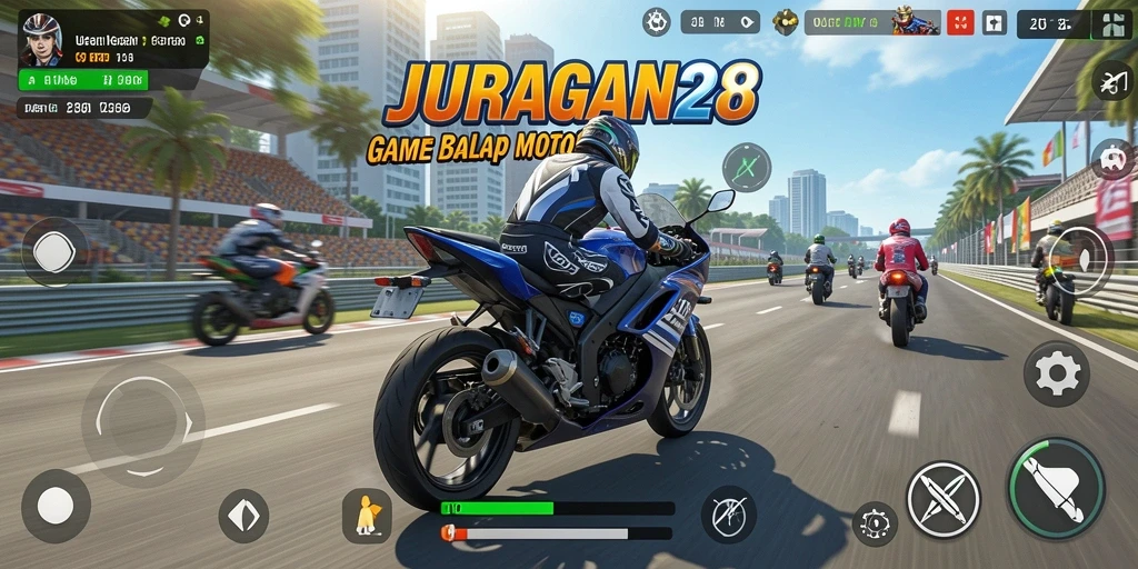 Tampilan gameplay balap motor seru di JURAGAN28 dengan grafis yang memukau.