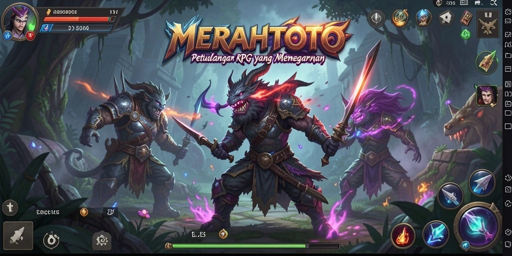 Screenshot utama MERAHTOTO menunjukkan pertarungan epik dalam dunia RPG.