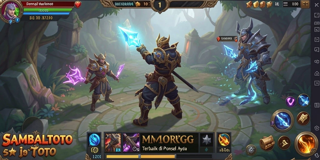 Screenshot gameplay SAMBALTOTO menampilkan pertempuran epik dan eksplorasi dunia yang luas.