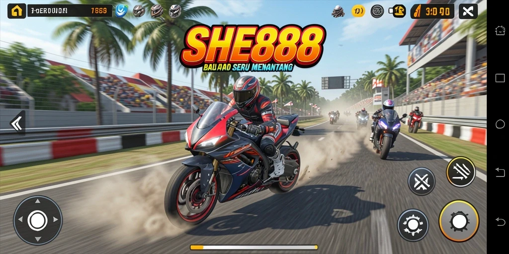 Gameplay seru dari SHE888 dengan aksi balap motor menegangkan.