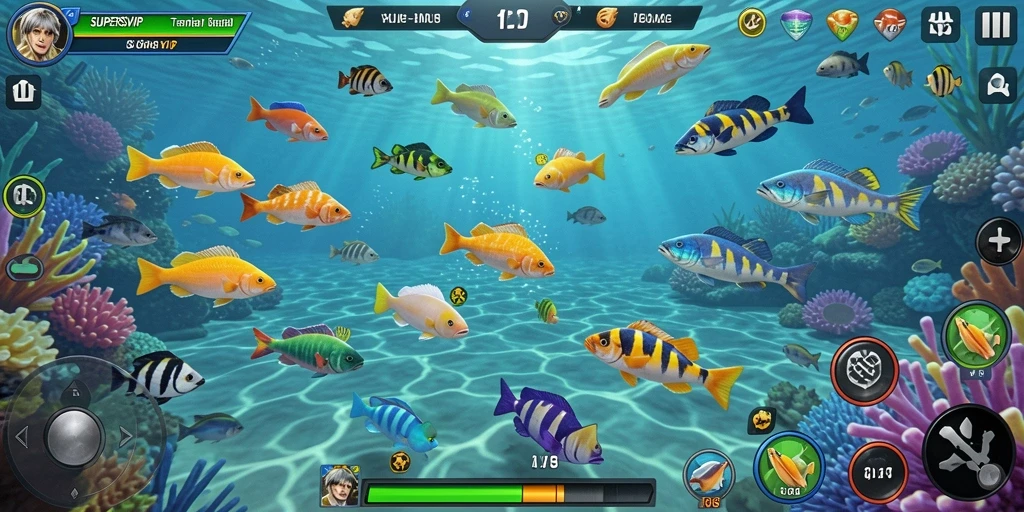 Screenshot SUPERSVIP menampilkan aksi seru menembak ikan dengan efek visual yang menarik.